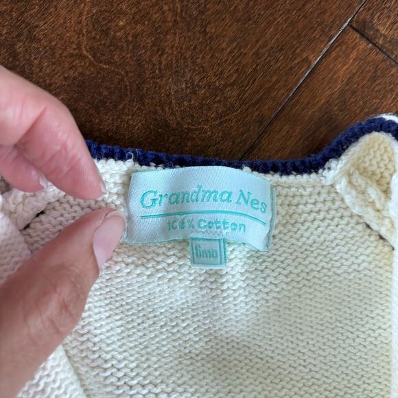 Grandma Nes Boys 6 Month Hand Knit Outfit Cream Trains Romper - Picture 4 of 8
